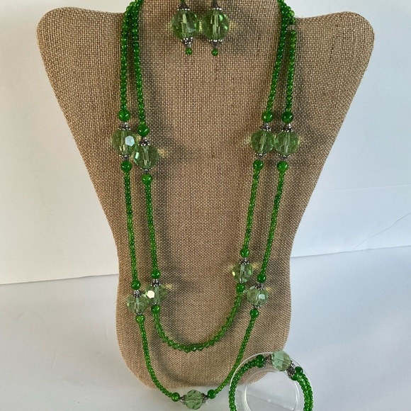 Hand Crafted Jewelry - Hand Crafted Necklace Wrap Bracelet Drop Earrings Set Lime Green Double Strands